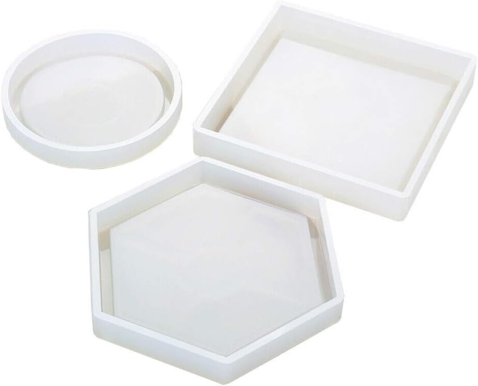 3pcs Resin Silicone Mold,Coaster Molds Include Round, Square,Hexagon,for DIY Coaster/Flower Pot/Ashtray/Pen Candle Soap Holder