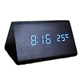 SILILUN Wooden Triangle LED Digital Sound Control Alarm Clock 15x9x8cm Battery/DC powered Desk clock (black blue)