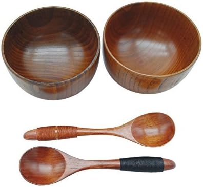 Handmade Small Round Wooden Rice Soup Salad Snack Yogurt Bowls with Spoons Kit for Serving Home Kitchen Tableware, Set of 2, 4 Packs, Wood Color