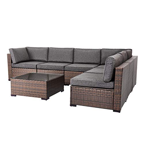 Peach Tree 7 PCs Outdoor Furniture Wicker Sectional Sofa with 2 Pillows and Tea Table Patio Rattan Conversation Chair Sofa Sets