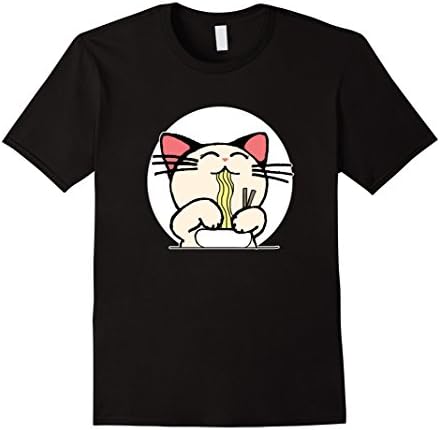 Mens Kawaii Cat Eating Ramen Anime T-Shirt Medium Black
