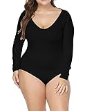 Allegrace Women Plus Size Long Sleeve Bodycon Crotch Snap Stretch Jumpsuit Romper