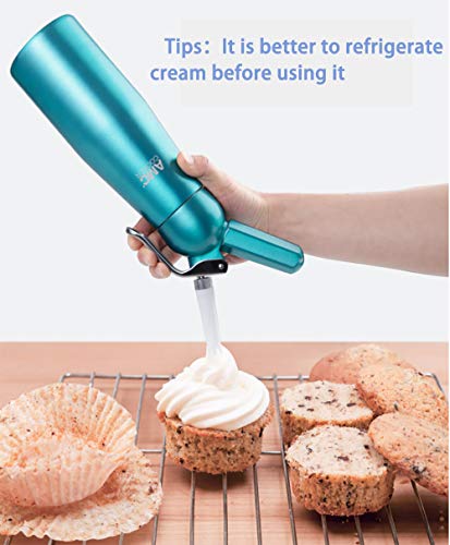 AMC Professional Whipped Cream Dispenser with 3 Nozzles and Bonus Dispenser Cleaning Brush Whipped-Cream-Dispenser-Whipper-Canister/Use with N2O cream chargers (not included) (Aquamarine)