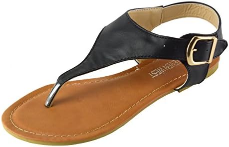 Womens Ankle Strap Buckle Slingback T-Strap Thong Gladiator Flat Sandals BLK 9
