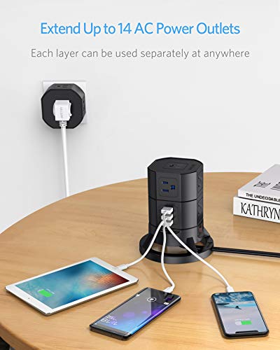 image for BESTEK 12 Outlets Power Strip Tower with 3 USB Ports Stackable Design 