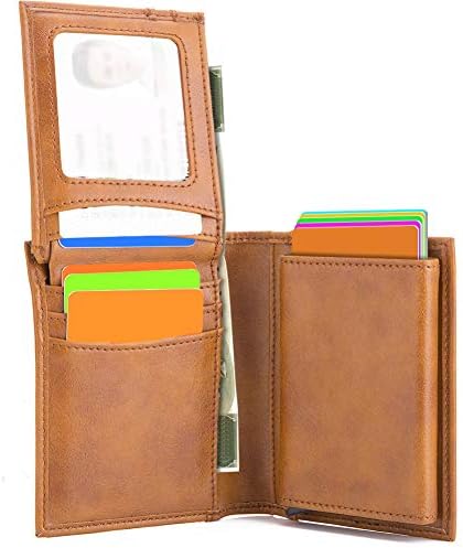 Leather Wallet Credit Card Holder RFID Blocking | KOOGOO Card Case Wallet Aluminum Pop-up Card Pack Portable Travel Wallet Money Clip (Brown)