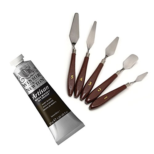 Oil Painting Supplies: Uxcell 5 Piece Painting Knife Set with Winsor & Newton Artisan Water Mixable Oil Color, 37ml, Ivory Black - 2 Items Bundled by Maven Gifts Oil Painting Supplies: Uxcell 5 Piece Painting Knife Set with Winsor & Newton Artisan Water Mixable Oil Color, 37ml, Ivory Black - 2 Items Bundled by Maven Gifts