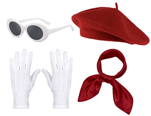 Fancy Clothing Womens French Beret Hat Chiffon Scarf Gloves Sunglasses Costume Accessories (Wine)