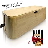 Bamboo Cable Management Box | Free Bamboo Phone Holder | Magnetic Door Holder | Front & Sides Opening | Anti-Slip Bottom | Keep Wires Safe & Organized | Hidden Power Strip