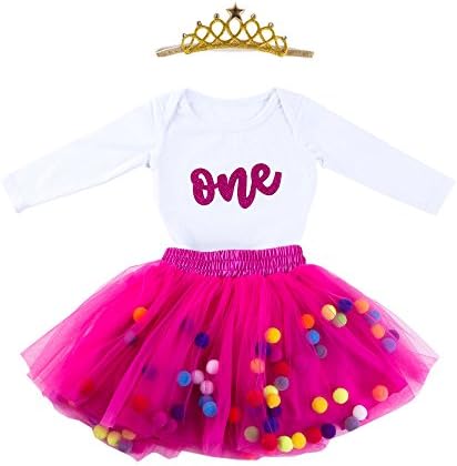Baby Girls 1st Birthday Outfit Glitter One Romper Balls Skirt Crown Headband