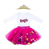 Baby Girls 1st Birthday Outfit Glitter One Romper Balls Skirt Crown Headband (Hot Pink, 9-12Months)