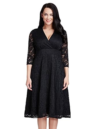 Amazon.com: Tiana B Women's Plus-Size 3/4 Illusion Sleeve Lace Dress with Scalloped Hem, Black 