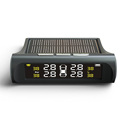 TUTUO Auto TPMS Tire Pressure Monitor System, Wireless Solar Power with LCD Display, Tire Pressure Gauge with 4 External Cap Sensors