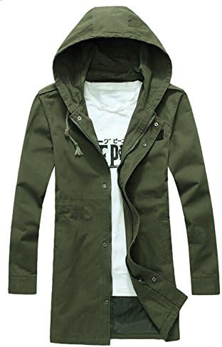 Vska Mens Full Zipper Mid Long Trench Coat Hoodies Jacket Overcoat Army green 2XL