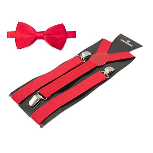 Men's Solid Color Pre-tied Adjustable Bowtie Y-Back Clip Suspenders Set for Wedding (Red)