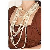 Jumwrit Vintage 1920s Pearl Necklace Layered Big Round Pearl Choker Long Necklace Statement Multi Strand Pearl Necklace Chunky Faux Pearl Costume Jewelry for Women and Girls