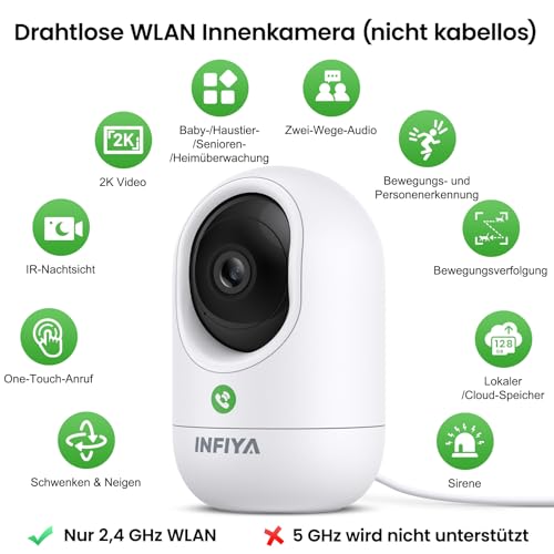 INFIYA 2K Indoor Surveillance Camera, Baby Monitor with Camera, WiFi Indoor Camera, Dog Camera with App, One-Touch Call, Automatic Tracking, Night Vision, Motion Detection