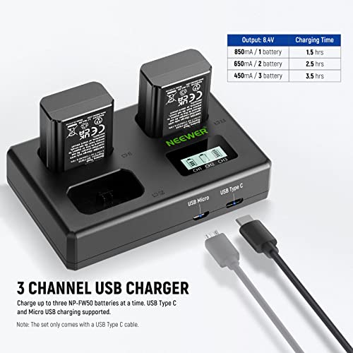 NEEWER NP-FW50 3 Pack Replacement Battery and Charger 1100mAh NP-FW50 and Triple Slot USB Charger Compatible with Sony ZV-E10 A7 A7R A7RII A7II A7SII A7S A7RII A6300 A6400 A6500 RX10