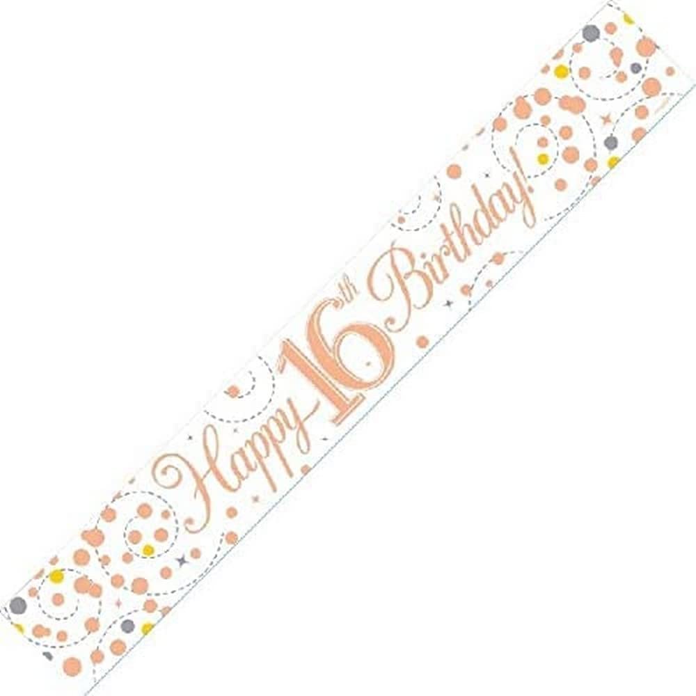 9ft Banner Sparkling Fizz 16th Birthday White & Rose Gold Holographic