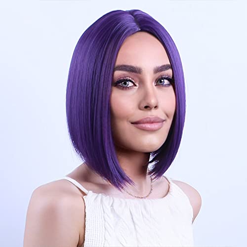 MAGQOO Dark Purple Wig for Women Short Purple Wig Purple Bob Wig Short Straight Deep Purple Wig Middle Part Synthetic Heat Resistant