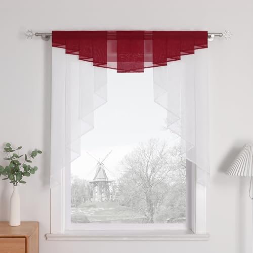 HongYa clear, voile slit curtain, drawstring, short stores, kitchen, small window curtain., Polyester, berry, H/B: 100/100 cm