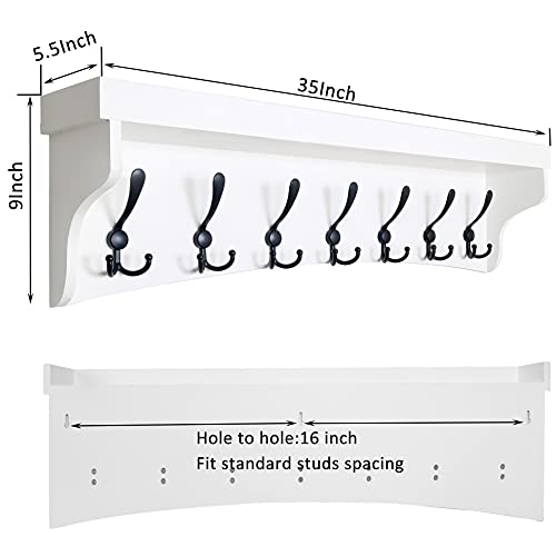 WEBI Coat Rack Wall Mount with Shelf,35’’ Long White Shelf with Hooks