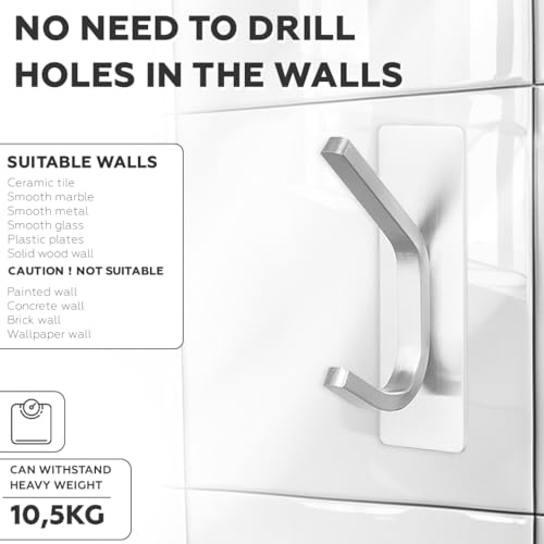 AMROAH 4pcs Stainless Steel Adhesive Hooks Wall Mounted, Heavy Duty Storage Wall Mount Hooks for Hanging Coat Clothes Towels Hat Bags for Home Entryway Bathroom Bedroom Kitchen Living Room (Silver)