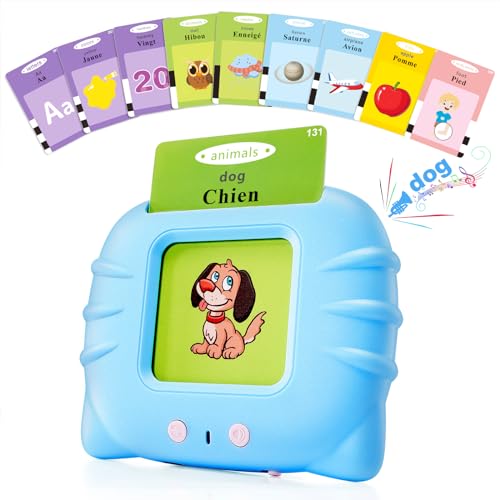 Photo 1 of TimingSXD French & English Bilingual Flash Cards for Toddler/Beginning - Learning Educational Toy to Learn French/English,Talking Flash Cards for Ages 2 (Blue_French & English)