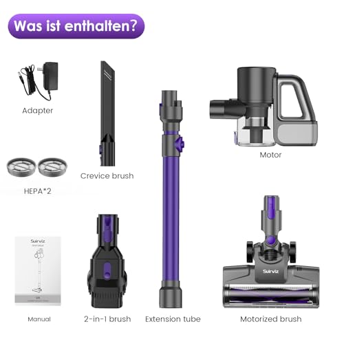 Suirviz Cordless Vacuum Cleaner, 40KPA/500W/35Mins, Powerful Suction with Green LED Dust Detection, Stick Vacuum Self-Standing, Lightweight Handheld Vacuum for Pet Hair, Carpet & Hard Floor, Purple
