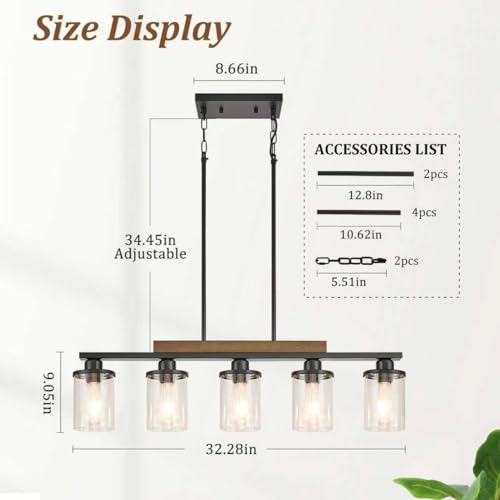 Feohak 5-Light Dining Room Light Fixture,Farmhouse Black Metal and Wood Kitchen Island Light with Glass Shade