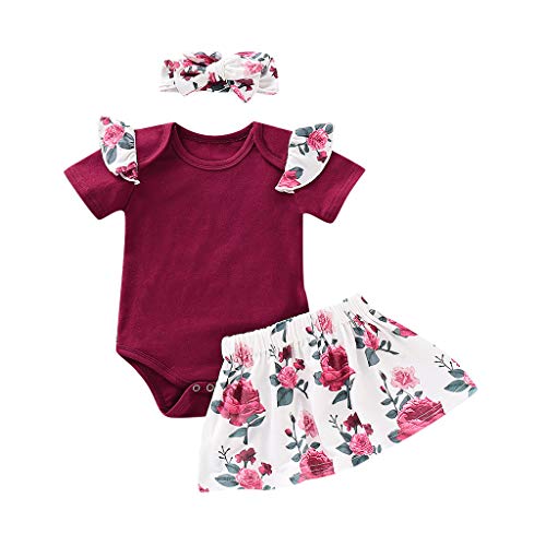 Dirance 3 Pieces Baby Cute Girl Short Sleeve Solid Color Robes Flower Print Skirt Hair Band Rural Style Red