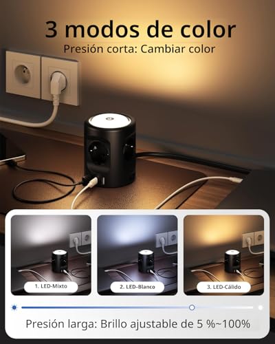Cube Power Strip Sockets with LED Night Lights 3 Lighting Modes, 4 AC Outlets with 3 USB, 16 A Extension Socket 2M, Thief Sockets with Switch for Home Office Multiple Plug
