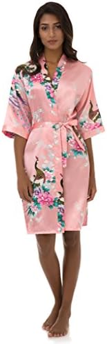Dingwangyang Women's Peacock Print Half Sleeve Silk Kimono Bridesmaid Robe Nightgown(Blush,S)