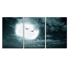 3 Piece Canvas Wall Art - Halloween Background, Full Moon and Sky, Dark Style. - Modern Home Art Stretched and Framed Ready to Hang - 16"x24"x3 Panels