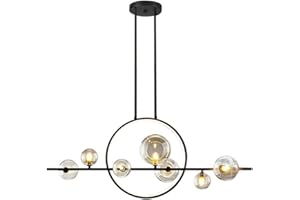 BULUXE Black Kitchen Island Lighting, Modern Dining Room Light Fixture, Minimalist 7-Light Pendant Lighting with Glass Shade Adjustable Rods