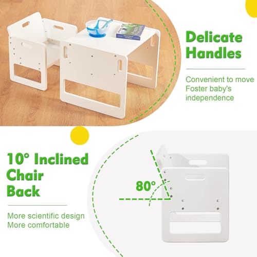 FUNLIO Montessori Table and Chair Set for Children 1-3 Years, Height Adjustable, Ideal for Reading/Eating/Playing, Easy Assembly, CPC Certified – White