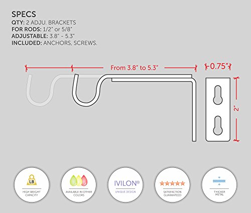 image for Ivilon Adjustable Brackets for Curtain Rods - for 1/2 or 5/8 Inch Rods