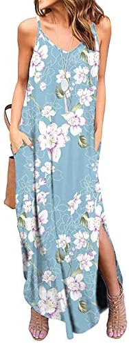 Sleeveless Strappy Cami Maxi Long Dress V Neck with Pockets Casual Beach Skirt Cover Up Slits