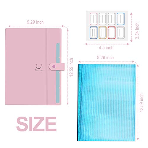 Expanding File Folder 5 Pocket, 3 Pack Plastic A4 Letter Size Accordion Document Organizer, with 48 Pcs File Folder Labels and 1 Pcs Waterproof Zipper File Bag for Office School Classroom Supplies