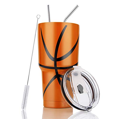 Joyclub 30oz Tumbler Stainless Steel Double Wall Vacuum Insulated Tumbler Cup Travel Mug with Lid, Straw and Cleaning Brush for Cold and Hot Drinks (Basketball)