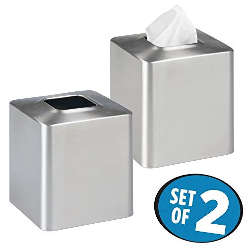 MetroDecor mDesign Facial Tissue Box Cover/Holder for Bathroom Vanity Countertops - Pack of 2, Brushed Stainless Steel