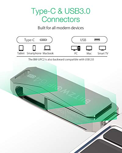 USB C Flash Drive, BlitzWolf 64GB USB 3.0 Type C Dual Drive Thumb Drive OTG High Speed Memory Stick Mini USB Drive for Android Smartphone, New MacBook,Tablet, PC, Samsung Galaxy, Pixel, More