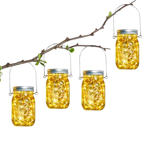 Solar Garden Lantern - 4 Light Chains 30 Bulbs Vase with Handle - IP65 Waterproof Solar Lamp Rustproof Outdoor Indoor - Decoration for Party, Wedding, Bar, Gazebo, Patio