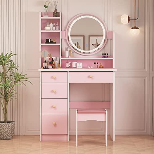 AGOTENI Makeup Vanity Set Dresser Desk with 5 Drawer and Light Shelf 