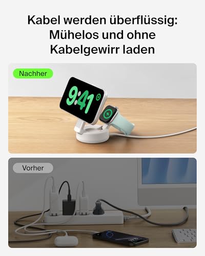 UltraCharge Pro MagSafe Ladegerät, Induktive Ladestation, Qi2.2 25W Verstellbarer 2-in-1 Wireless Charger für iPhone 17, Apple Watch Series 10, Pixelsnap usw. (Inkl. 45-W-Netzteil) – Sandfarben
