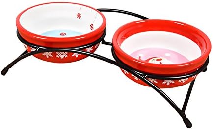 Double Bowl Raised Stand Feeding Tray Easy-Clean Suit for Small Dogs and Cats, Father Christmas and Snow Designs, Red/White