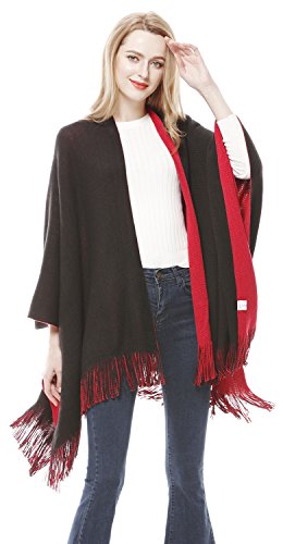 Lovful Women Winter Warm Faux Cashmere Poncho Capes Scarf Shawl Cardigans Sweater Coat,BlackRed - Thumbnail 5