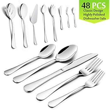 Silverware Set for 8, HaWare 48-Piece Stainless Steel Flatware Cutlery Tableware Set, 40-Piece Dinner Knives/Spoons/Forks, Additional 8-Piece Serving Set, Mirror Polished, Dishwasher Safe