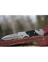 Smith & Wesson, 1st Response, SWFRS, cuchillo plegable con traba, hoja parcialmente dentado con punta en forma de gota y mango de acero
