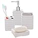 MyGift 4 Piece White Ceramic Complete Bathroom Accessory Set with Ribbed Design - Toothbrush Holder, Tumbler, Lotion/Soap Dispenser and Soap Dish